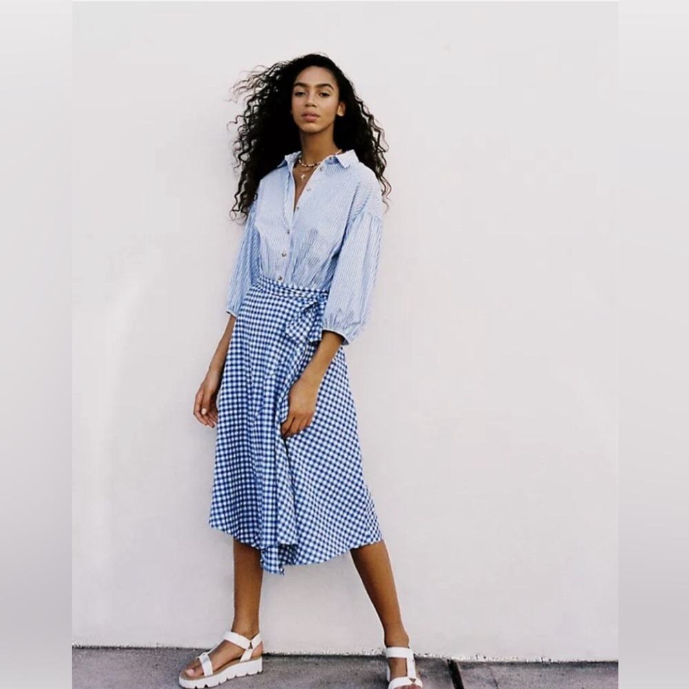 Maeve Anthopologie  Gingham Faux Wrap Midi Skirt Sz 12 Blue & White Cottagecore